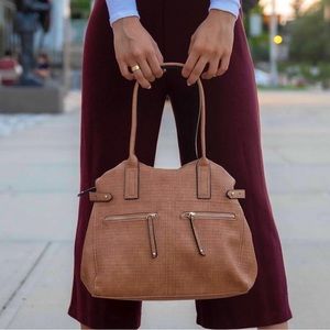 Violet Ray NYC Woven Satchel cognac